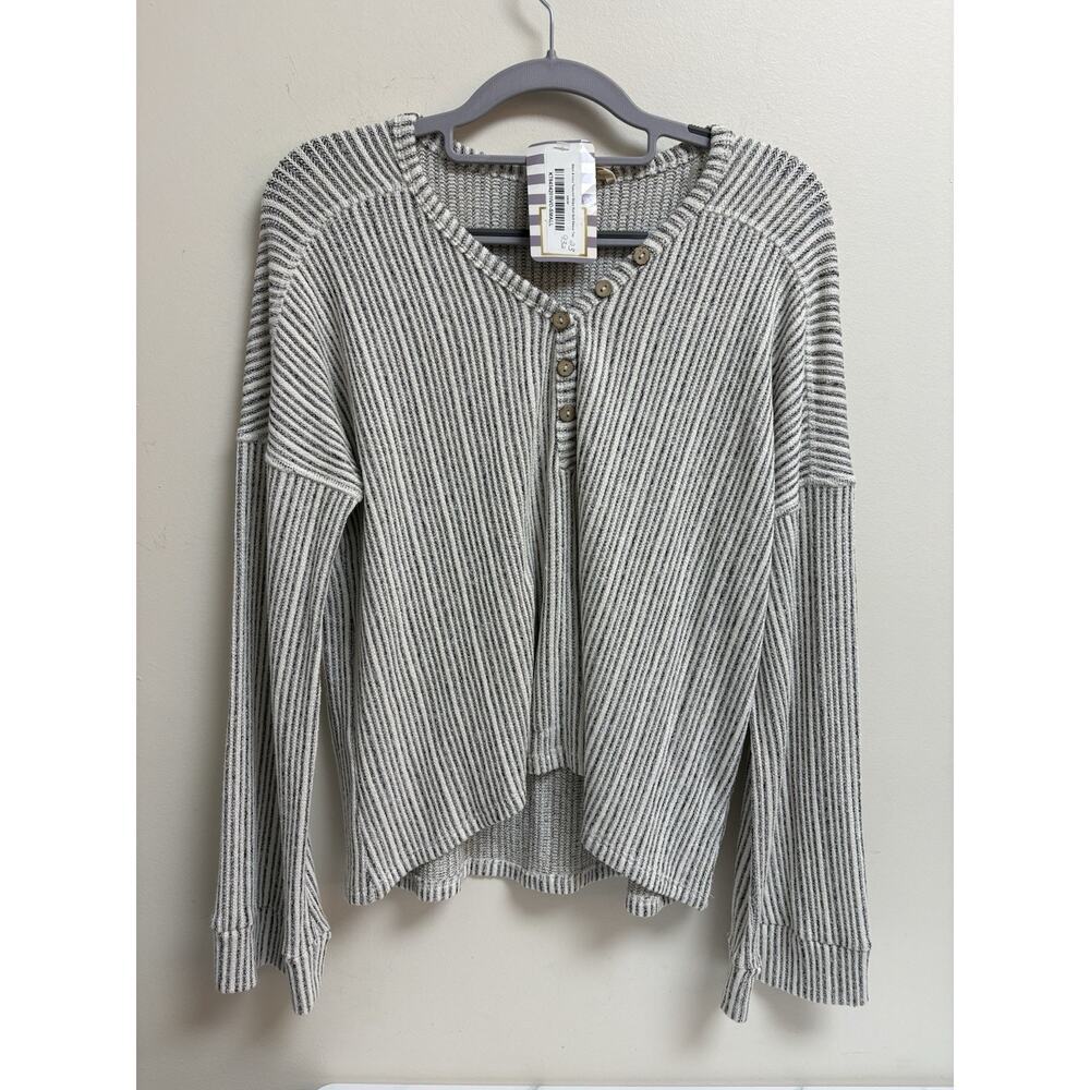 Peach Love California Striped Knit Henley Top Women’s Small Gray Ivory